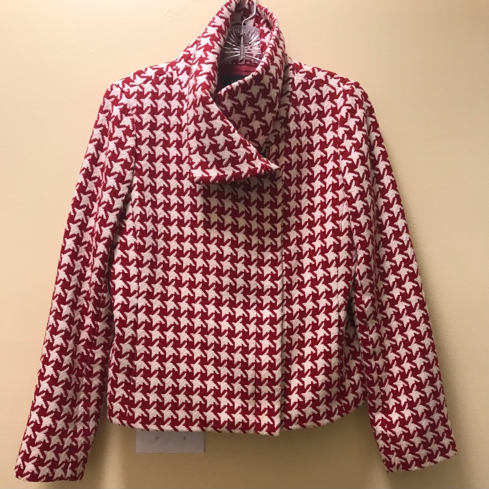 Talbots Red & White Houndstooth Wool Moto Jacket size 8